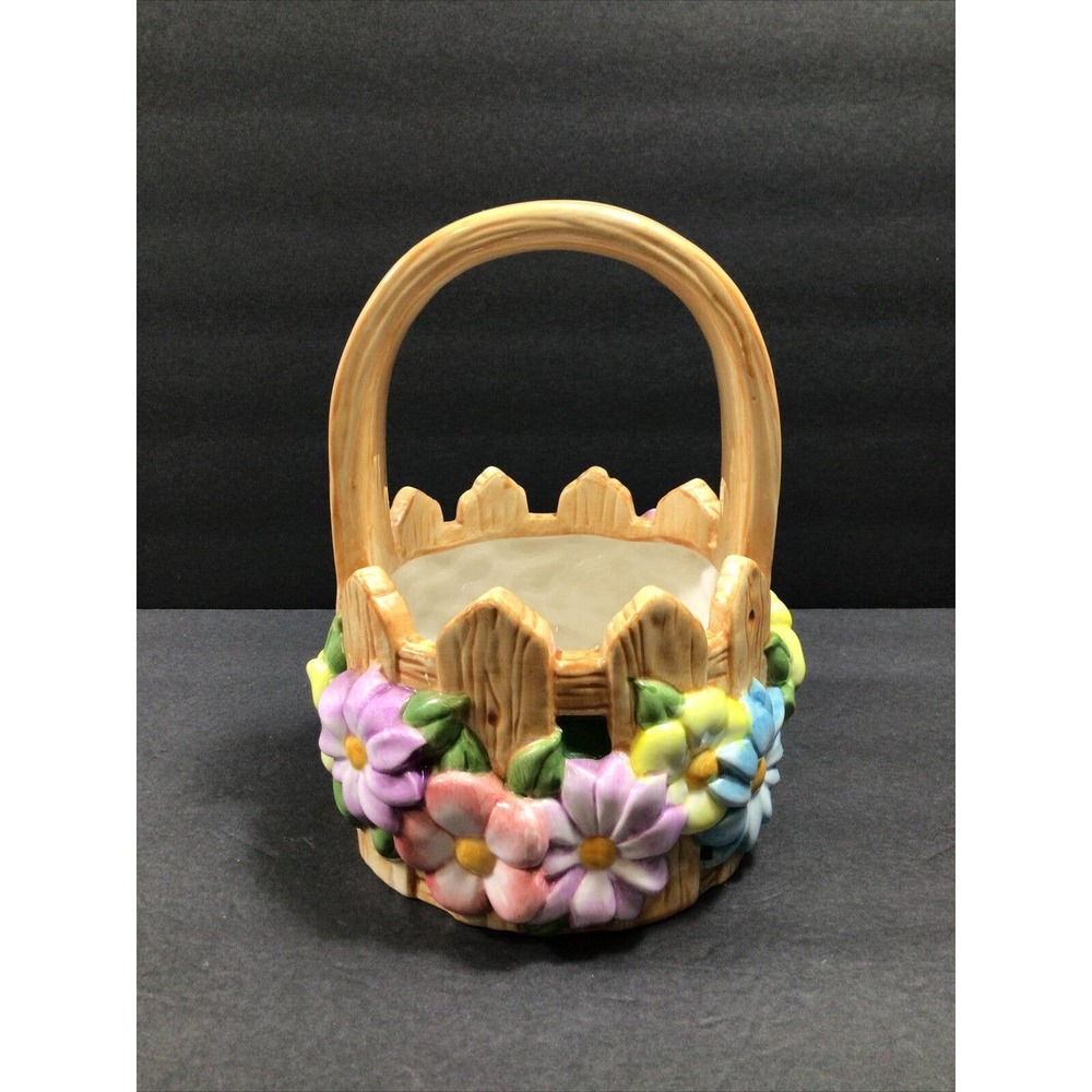 Teleflora Planter ~ Ceramic Picket Fence Basket with Spring Flowers